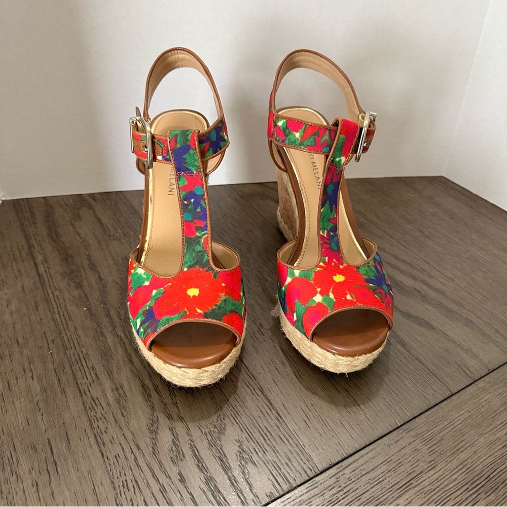 ANTONIO MELANI Red Floral T-Strap Espadrille Wedges